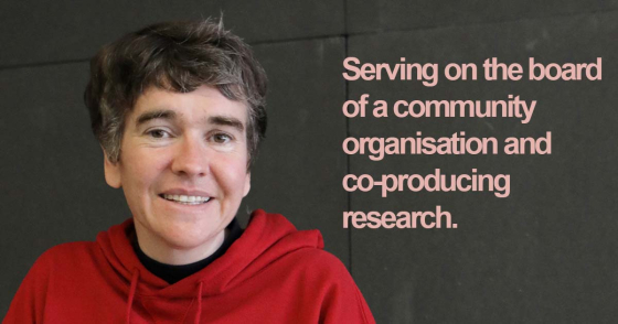 Sarah serves on the board of a community organisation and is involved in co-producing research.