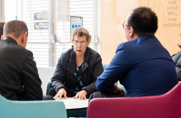 Five people with disability sitting around a table talking about inclusion strategies